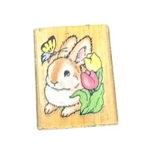 Noteworthy 1997 Bunny Rabbit With Butterfly Tulip Flowers Rubber Stamp